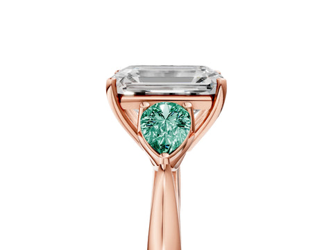 Rose gold Emerald Cut Diamond Three-Stone Ring with Pear with Green Sapphire side stone Side Stones and Prong Setting_5