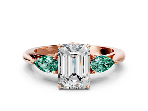 Rose gold Emerald Cut Diamond Three-Stone Ring with Pear with Green Sapphire side stone Side Stones and Prong Setting