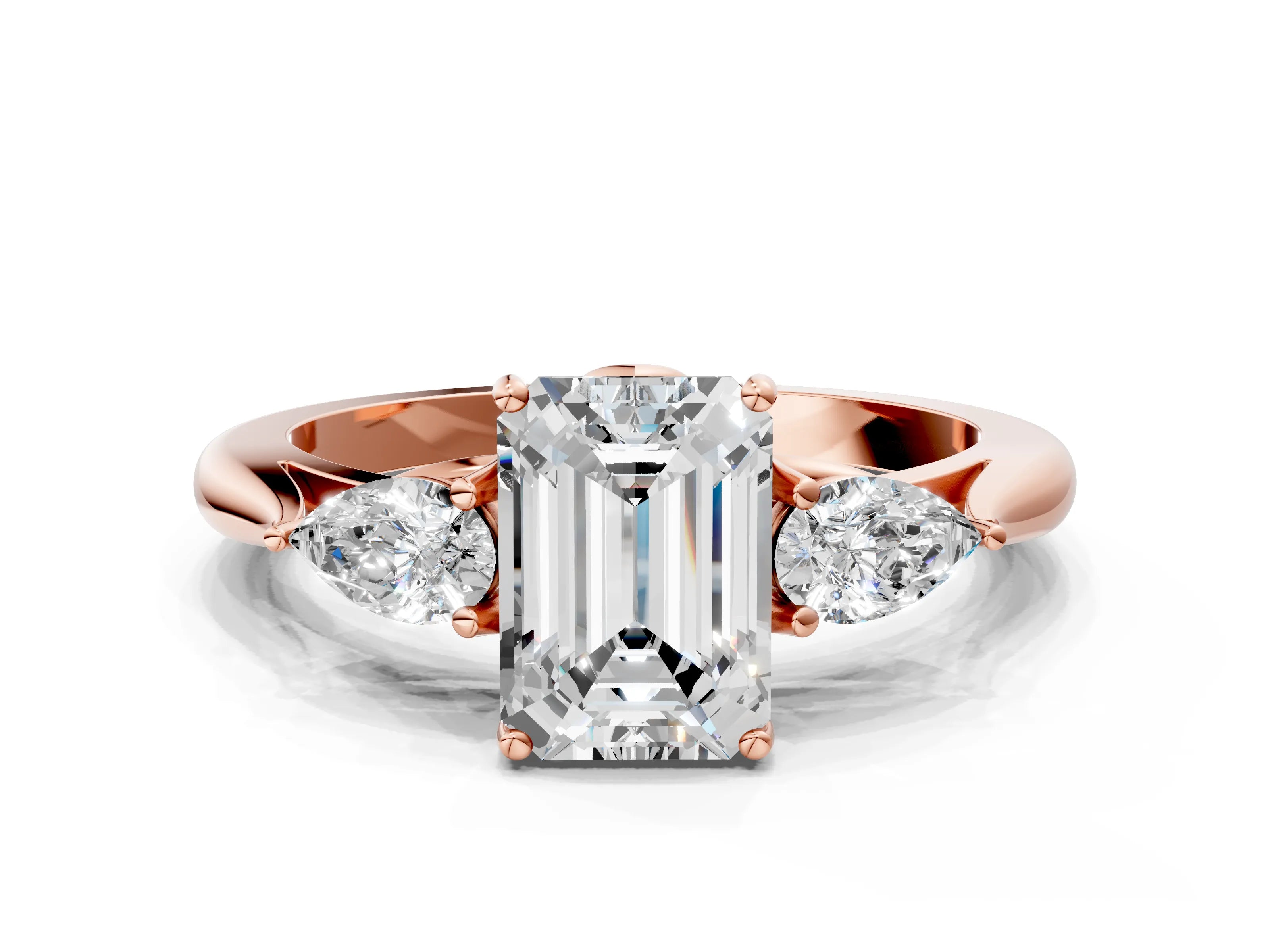 Rose gold Emerald Cut Diamond Three-Stone Ring with Pear with Moissanite side stone Side Stones and Prong Setting