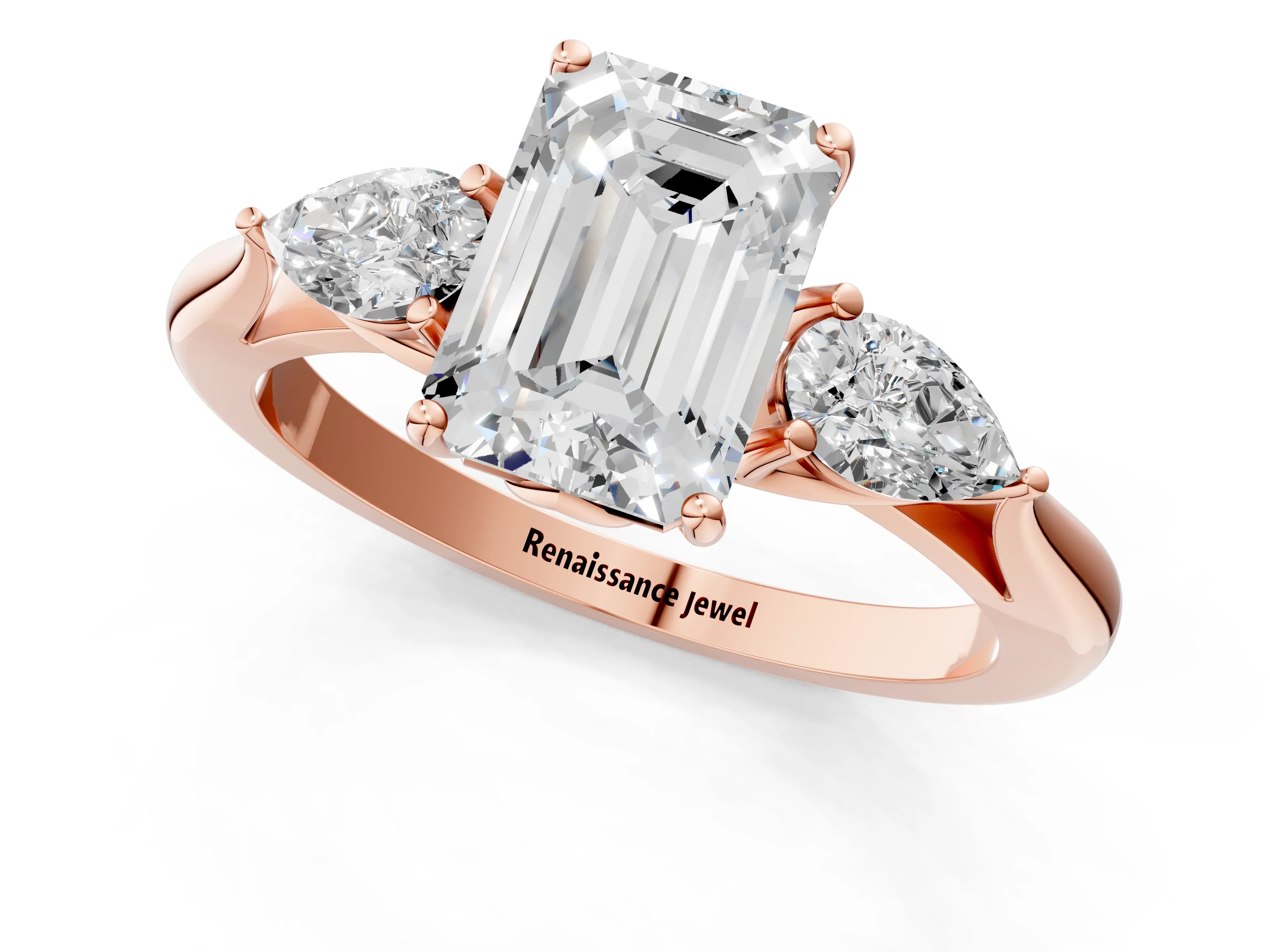 Rose gold Emerald Cut Diamond Three-Stone Ring with Pear with Moissanite side stone Side Stones and Prong Setting_1