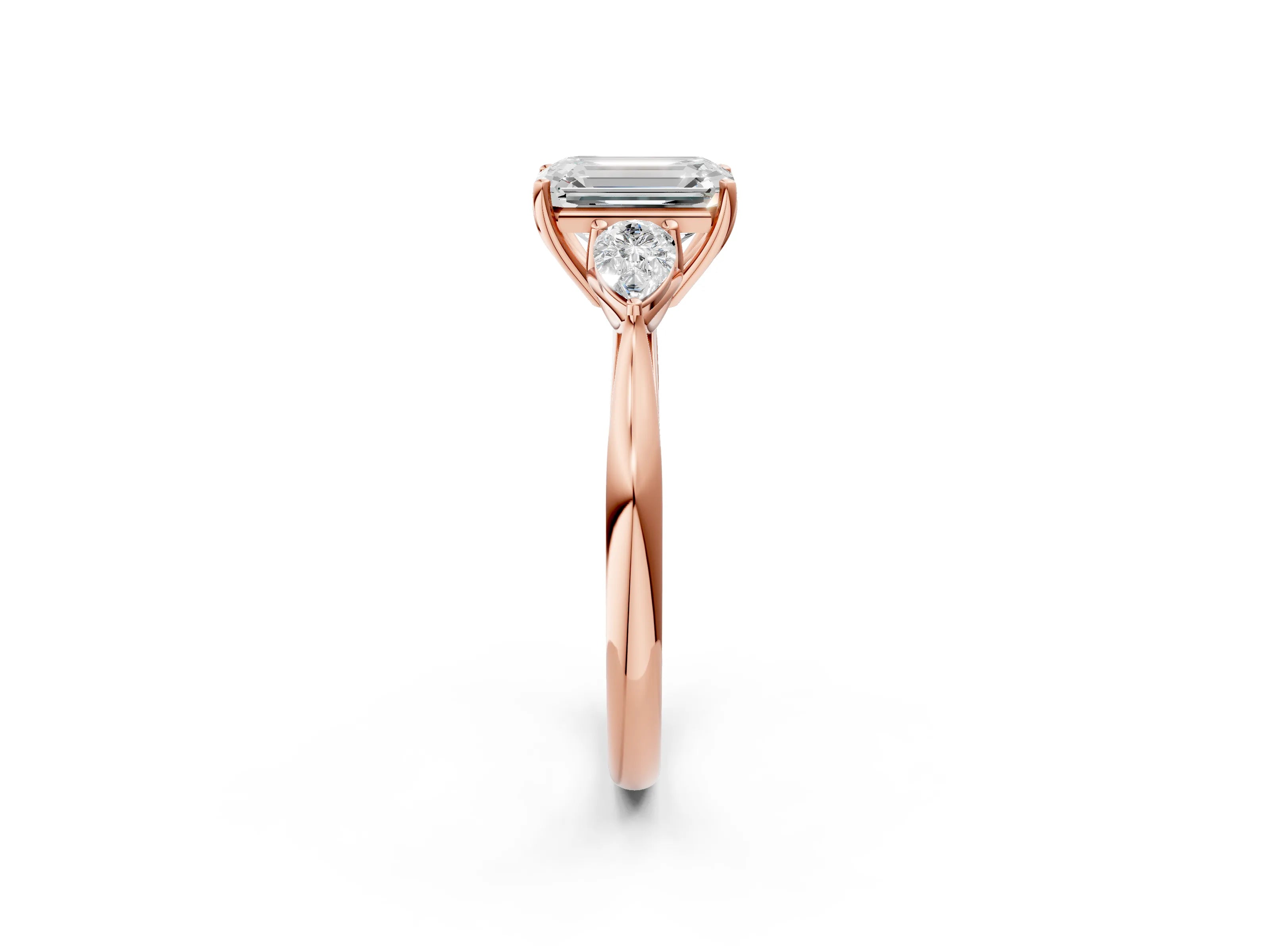 Rose gold Emerald Cut Diamond Three-Stone Ring with Pear with Moissanite side stone Side Stones and Prong Setting_2