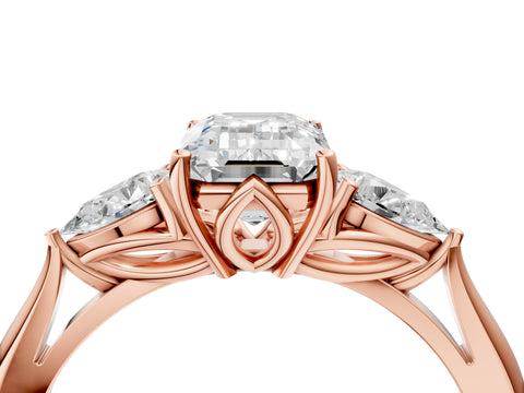 Rose gold Emerald Cut Diamond Three-Stone Ring with Pear with Moissanite side stone Side Stones and Prong Setting_4