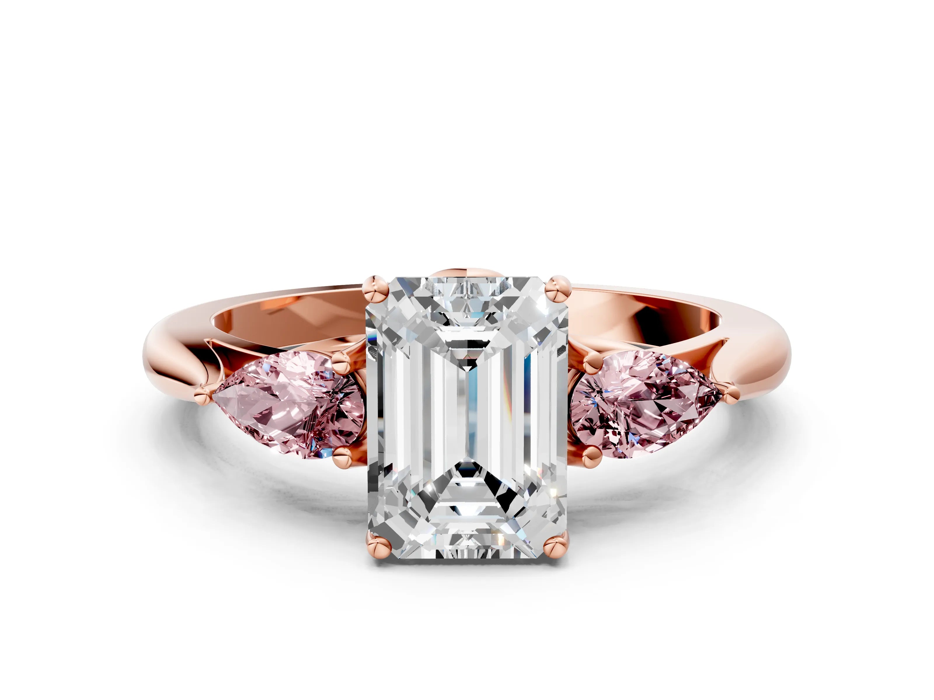 Rose gold Emerald Cut Diamond Three-Stone Ring with Pear with Morganite side stone Side Stones and Prong Setting