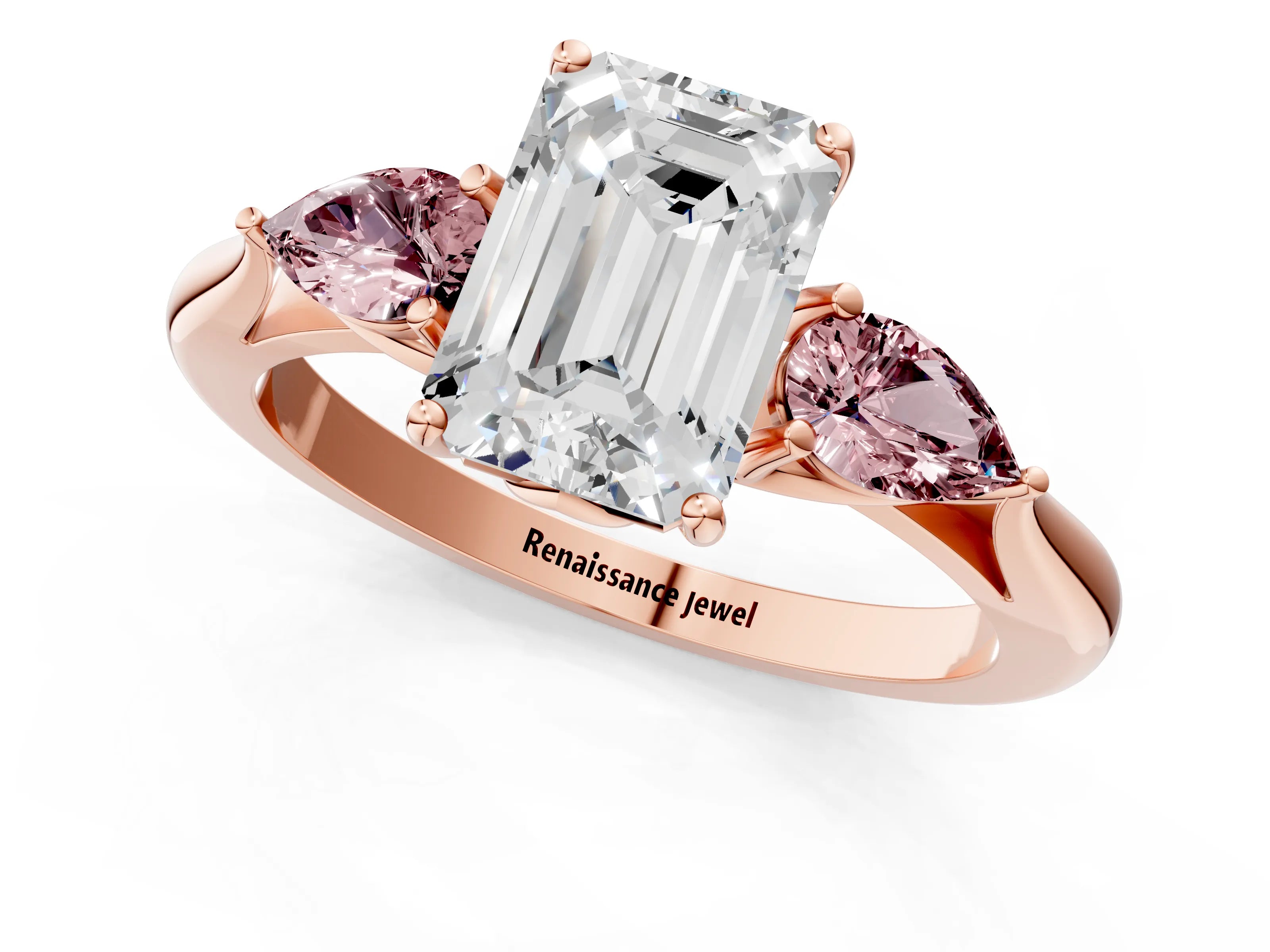 Rose gold Emerald Cut Diamond Three-Stone Ring with Pear with Morganite side stone Side Stones and Prong Setting_1