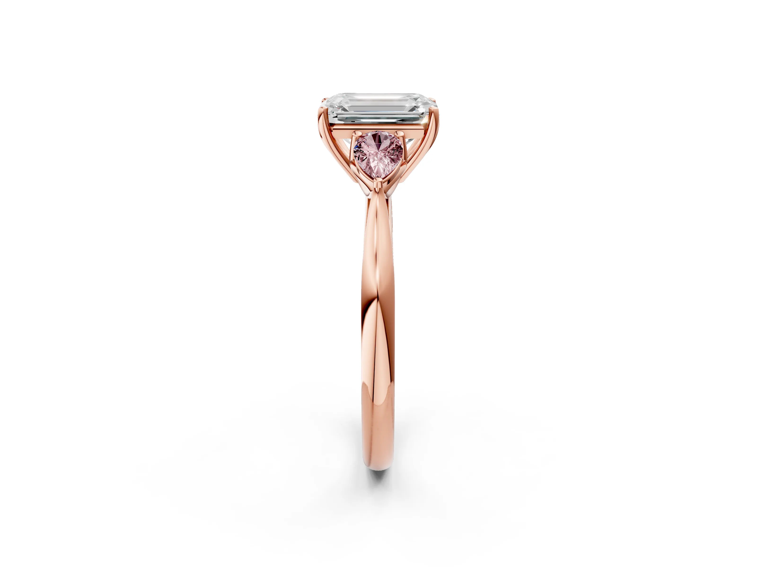 Rose gold Emerald Cut Diamond Three-Stone Ring with Pear with Morganite side stone Side Stones and Prong Setting_2