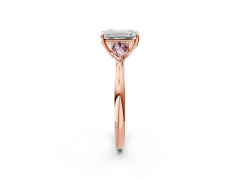 Rose gold Emerald Cut Diamond Three-Stone Ring with Pear with Morganite side stone Side Stones and Prong Setting_2