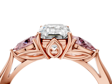 Rose gold Emerald Cut Diamond Three-Stone Ring with Pear with Morganite side stone Side Stones and Prong Setting_4