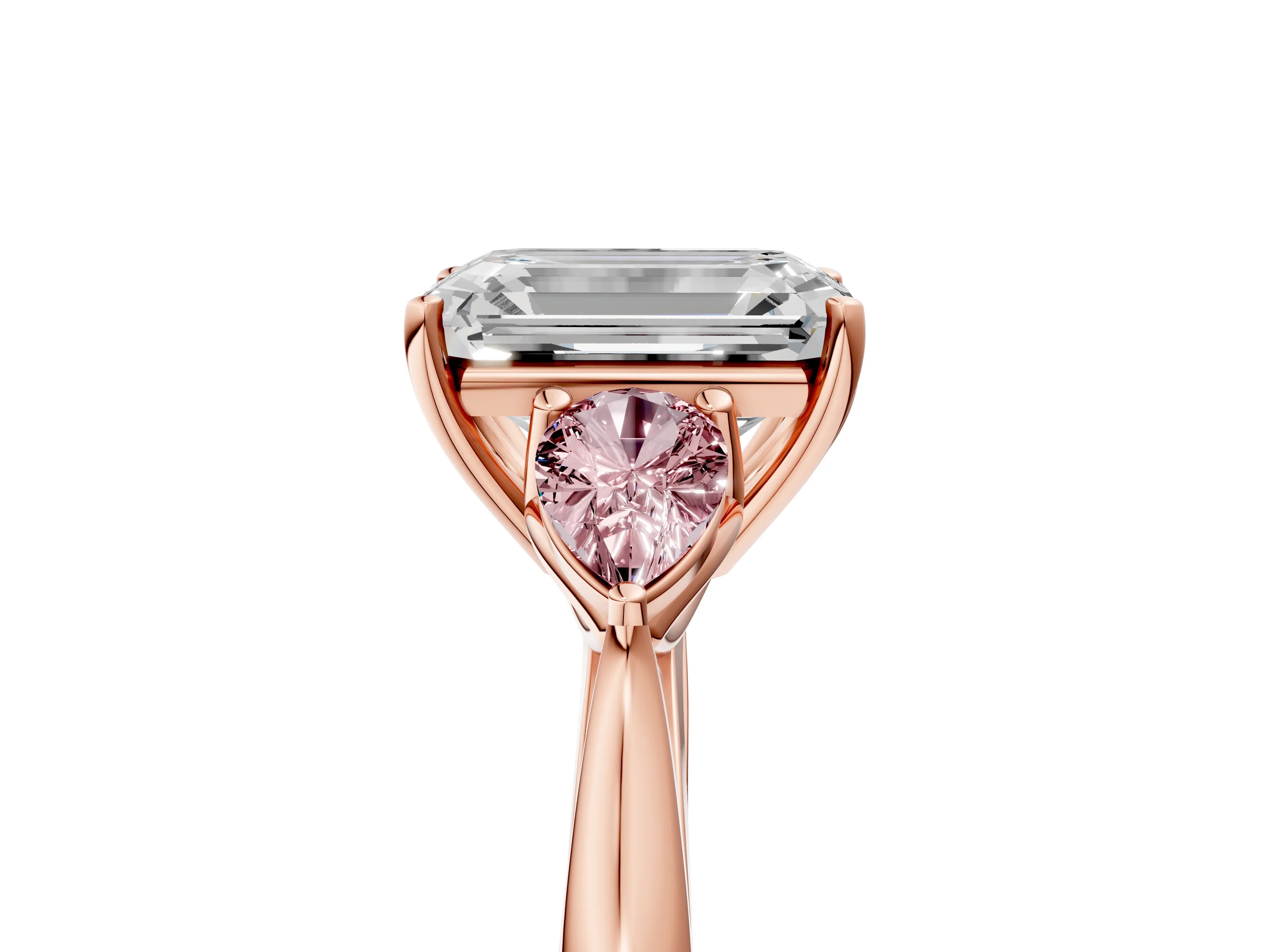Rose gold Emerald Cut Diamond Three-Stone Ring with Pear with Morganite side stone Side Stones and Prong Setting_5