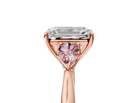 Rose gold Emerald Cut Diamond Three-Stone Ring with Pear with Morganite side stone Side Stones and Prong Setting_5