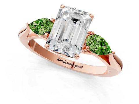 Rose gold Emerald Cut Diamond Three-Stone Ring with Pear with Peridot side stone Side Stones and Prong Setting_1