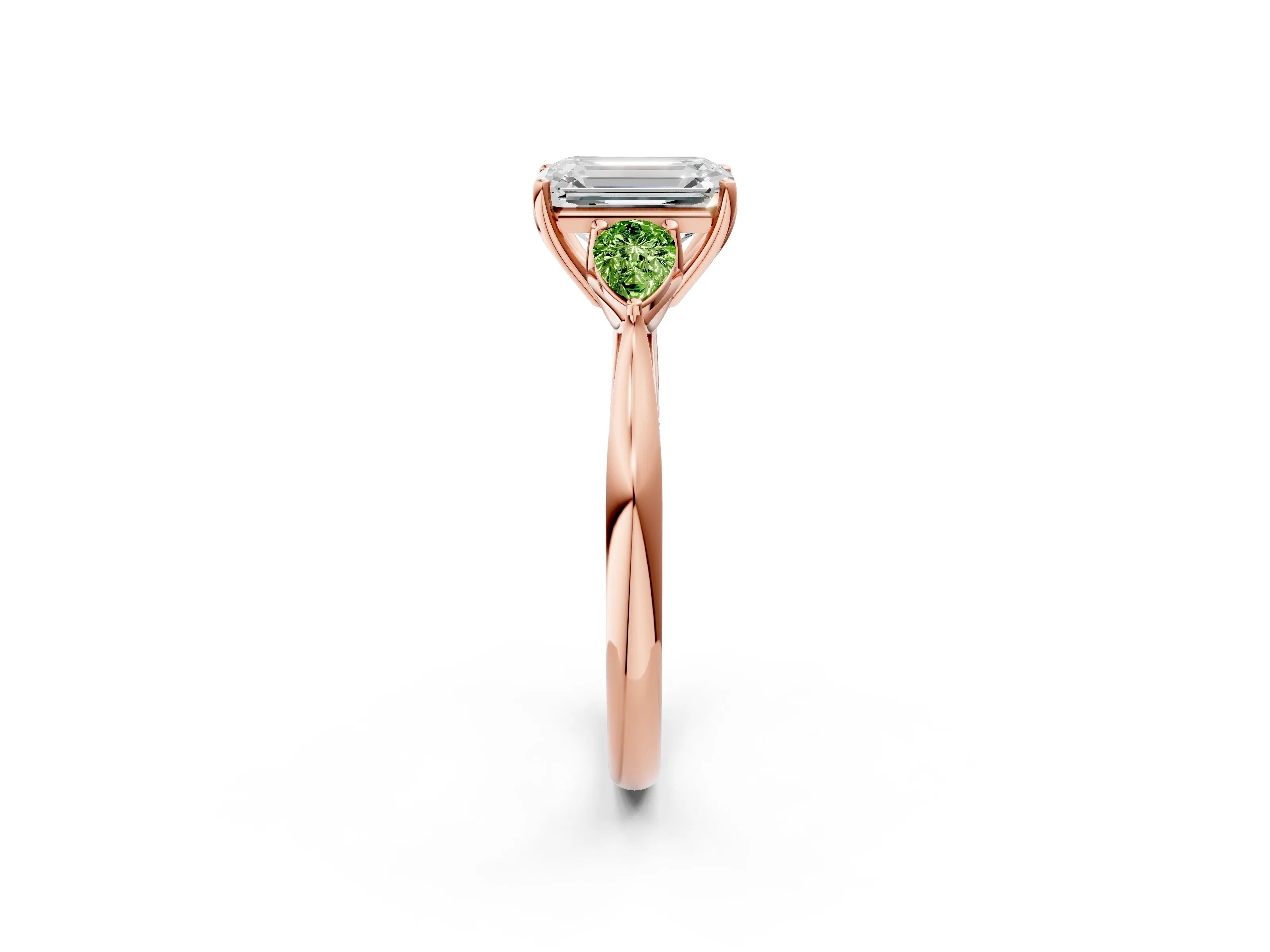 Rose gold Emerald Cut Diamond Three-Stone Ring with Pear with Peridot side stone Side Stones and Prong Setting_2