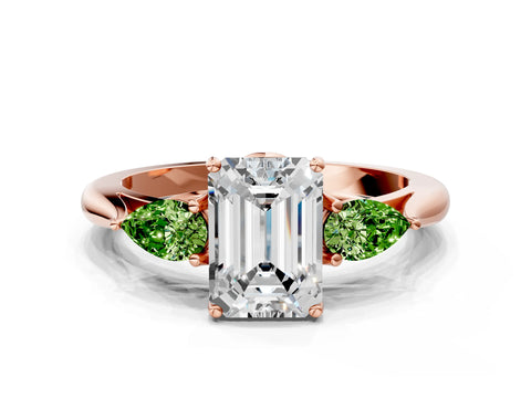 Rose gold Emerald Cut Diamond Three-Stone Ring with Pear with Peridot side stone Side Stones and Prong Setting