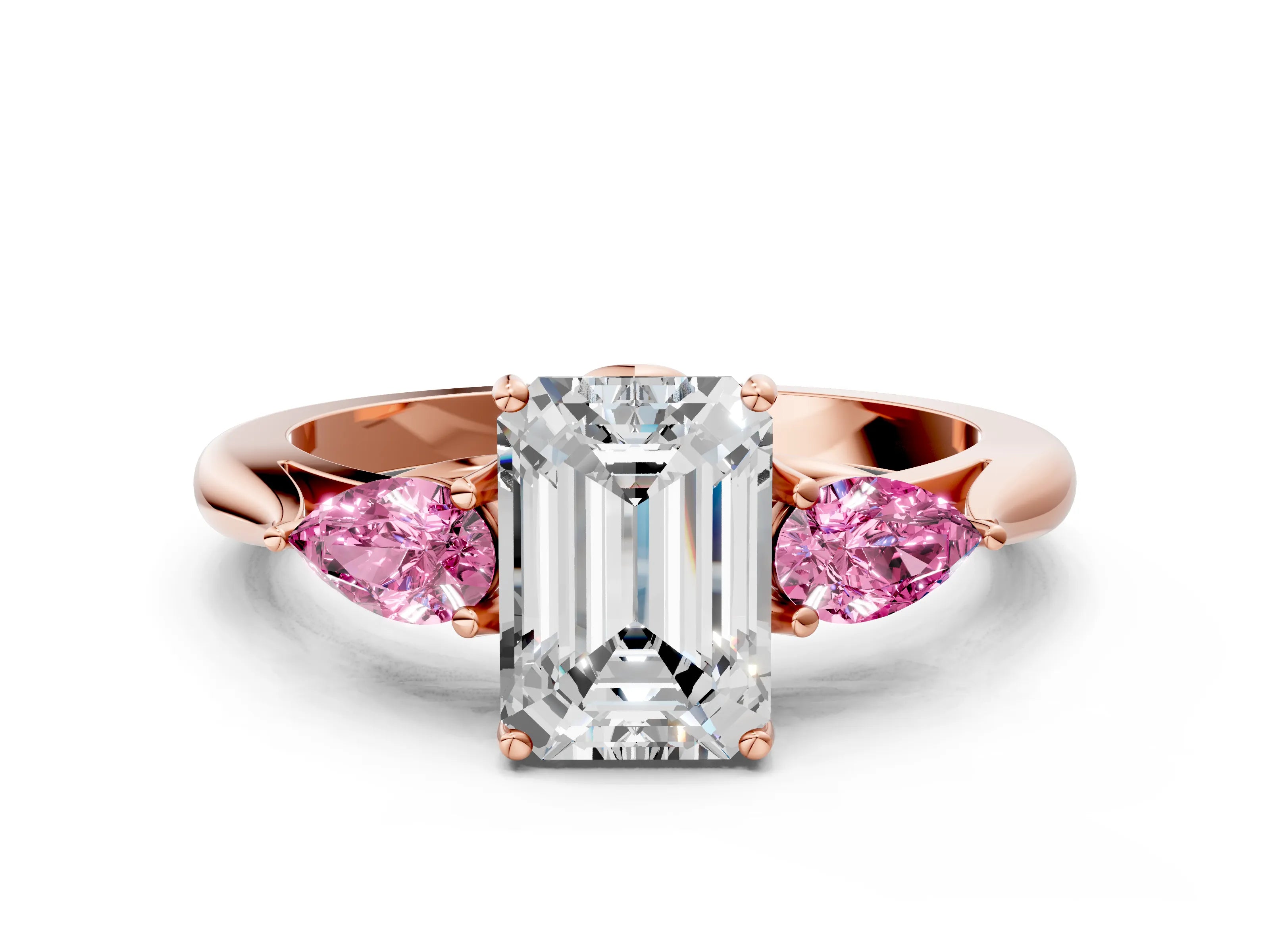 Rose gold Emerald Cut Diamond Three-Stone Ring with Pear with Pink Sapphire side stone Side Stones and Prong Setting