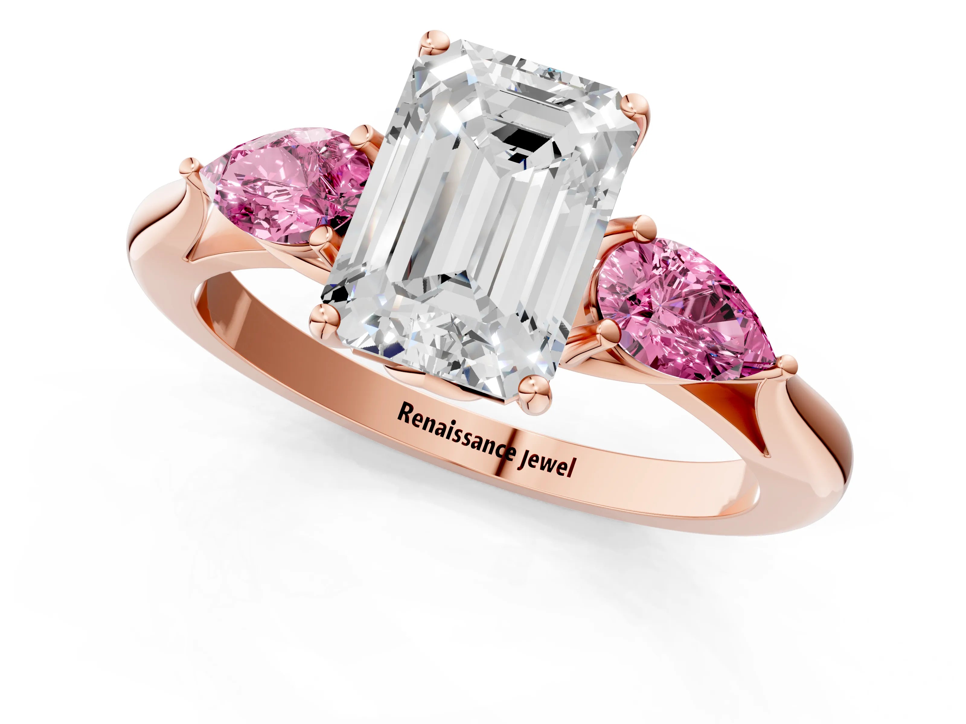 Rose gold Emerald Cut Diamond Three-Stone Ring with Pear with Pink Sapphire side stone Side Stones and Prong Setting_1
