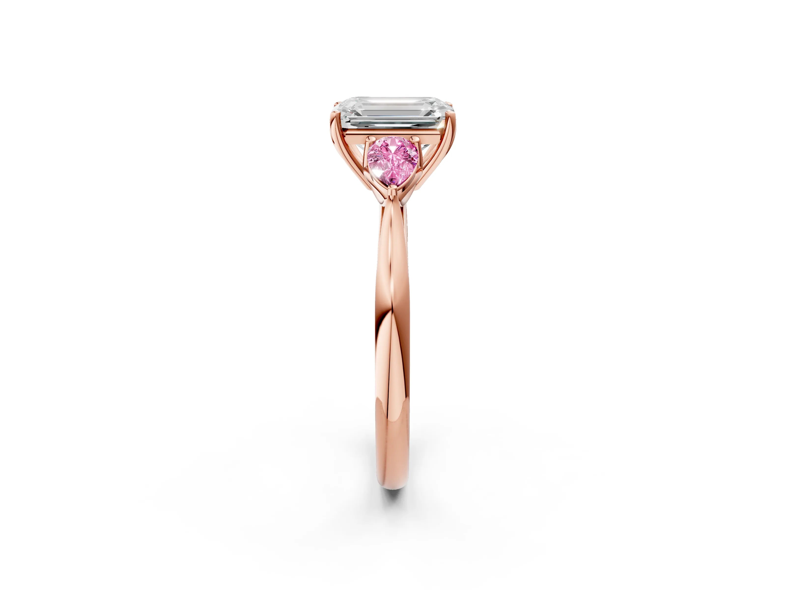 Rose gold Emerald Cut Diamond Three-Stone Ring with Pear with Pink Sapphire side stone Side Stones and Prong Setting_2