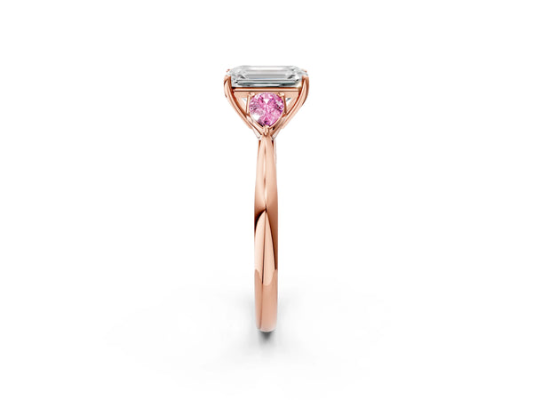 Rose Gold Emerald Cut Three Stone Engagement Ring Setting with Pear Lab-Grown Pink Sapphire Side Stones