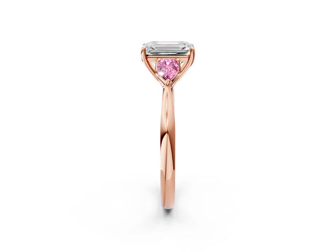 Rose gold Emerald Cut Diamond Three-Stone Ring with Pear with Pink Sapphire side stone Side Stones and Prong Setting_2