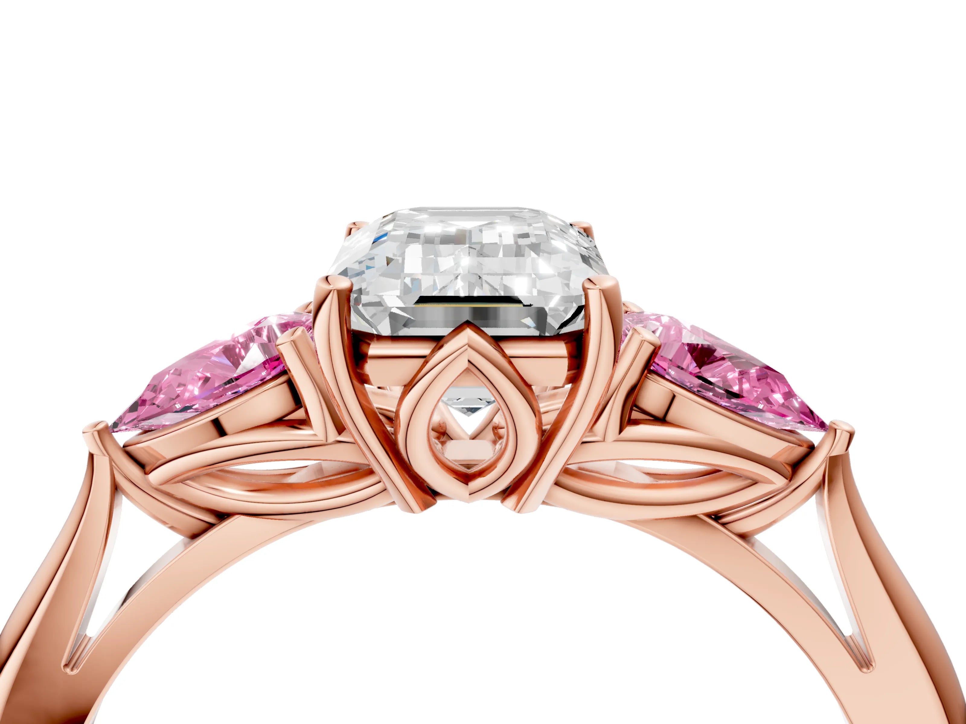 Rose gold Emerald Cut Diamond Three-Stone Ring with Pear with Pink Sapphire side stone Side Stones and Prong Setting_4