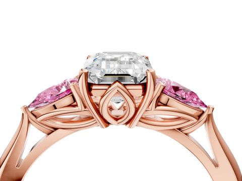 Rose gold Emerald Cut Diamond Three-Stone Ring with Pear with Pink Sapphire side stone Side Stones and Prong Setting_4