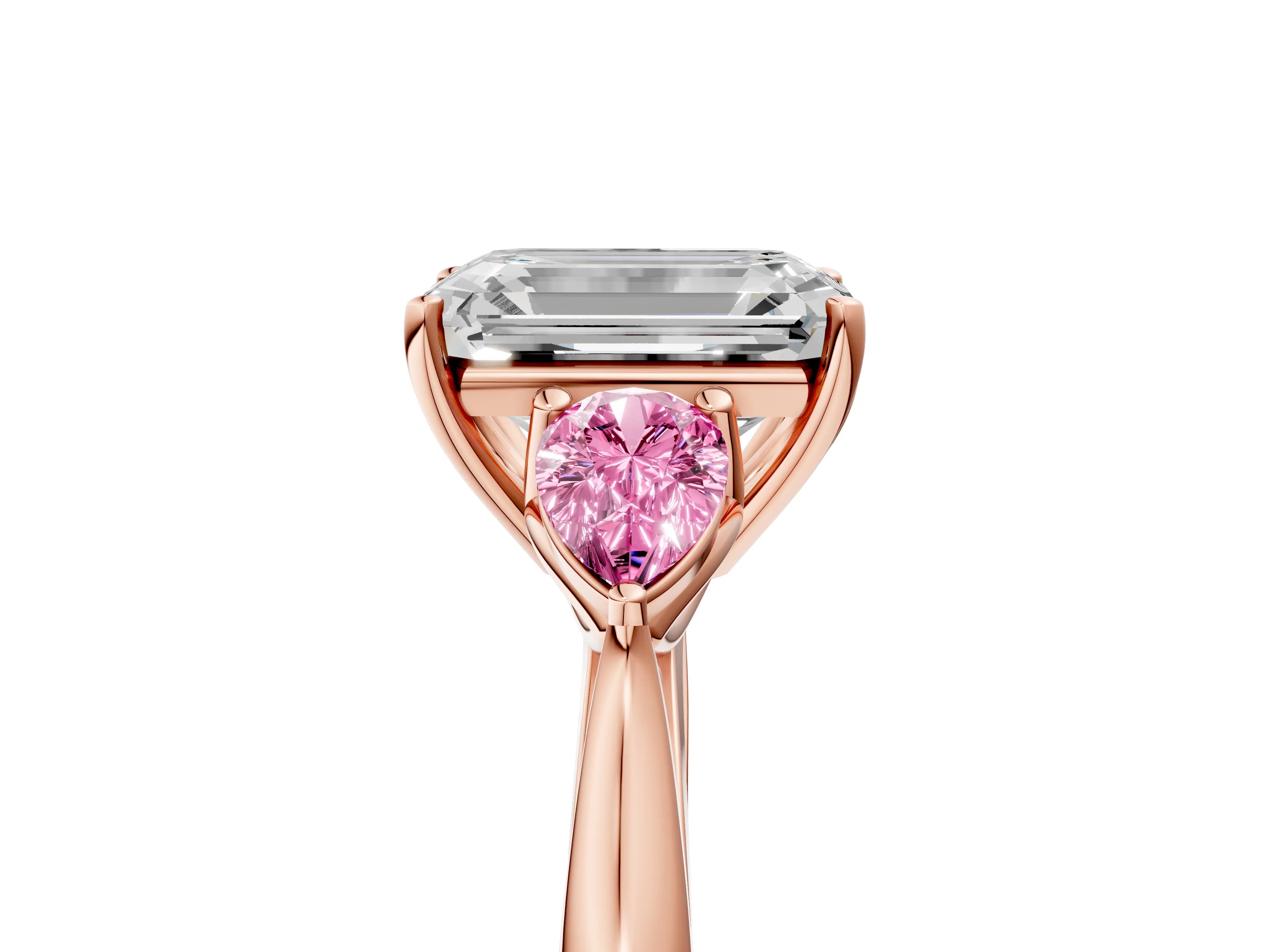 Rose gold Emerald Cut Diamond Three-Stone Ring with Pear with Pink Sapphire side stone Side Stones and Prong Setting_5