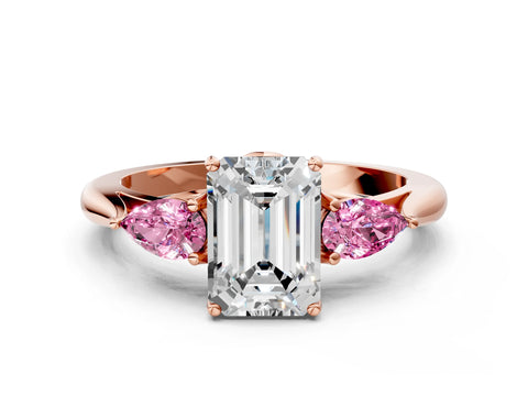 Rose gold Emerald Cut Diamond Three-Stone Ring with Pear with Pink Sapphire side stone Side Stones and Prong Setting