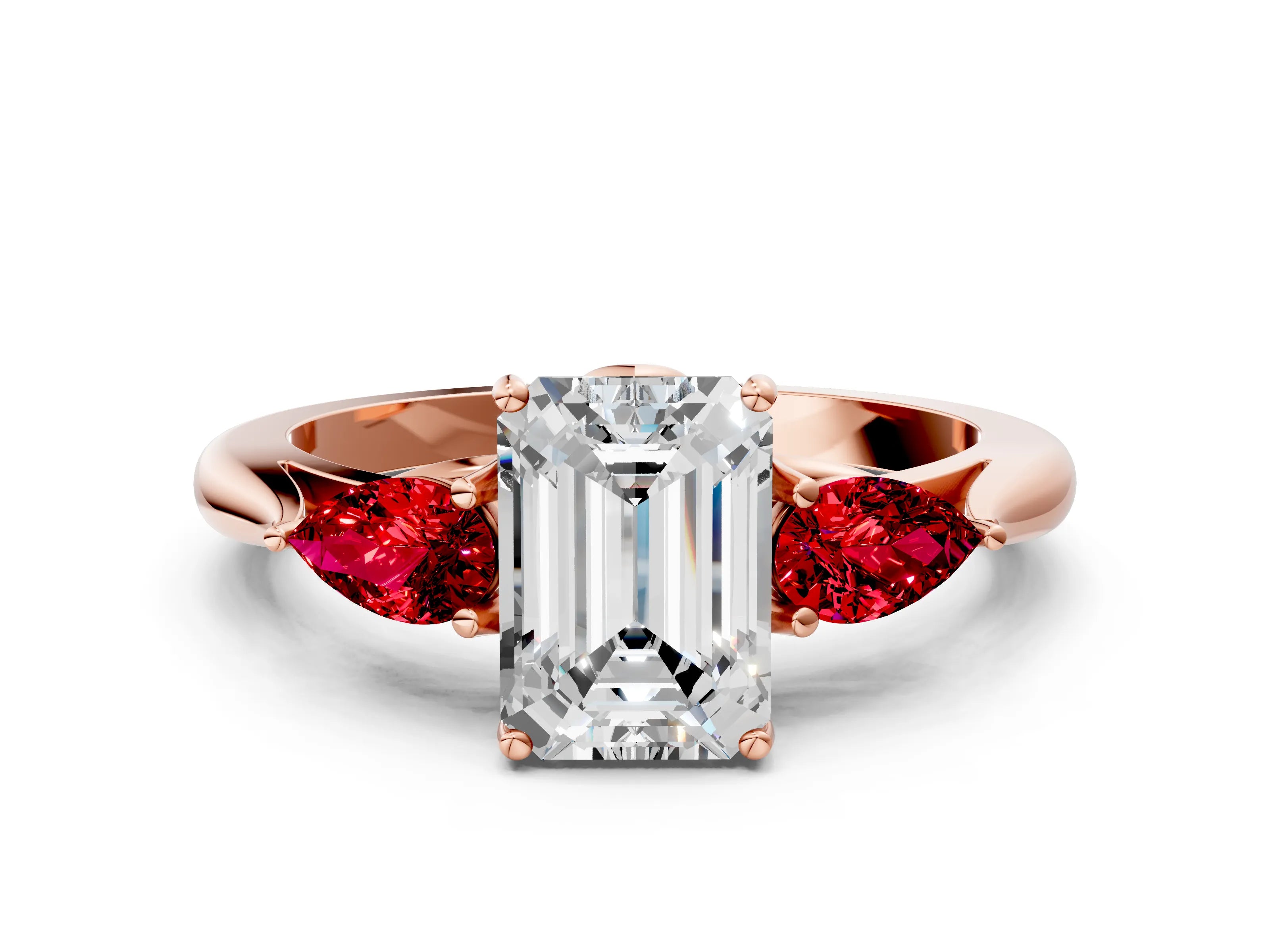 Rose gold Emerald Cut Diamond Three-Stone Ring with Pear with Ruby side stone Side Stones and Prong Setting