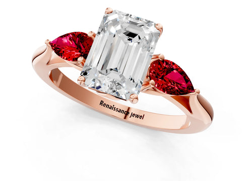 Rose gold Emerald Cut Diamond Three-Stone Ring with Pear with Ruby side stone Side Stones and Prong Setting_1