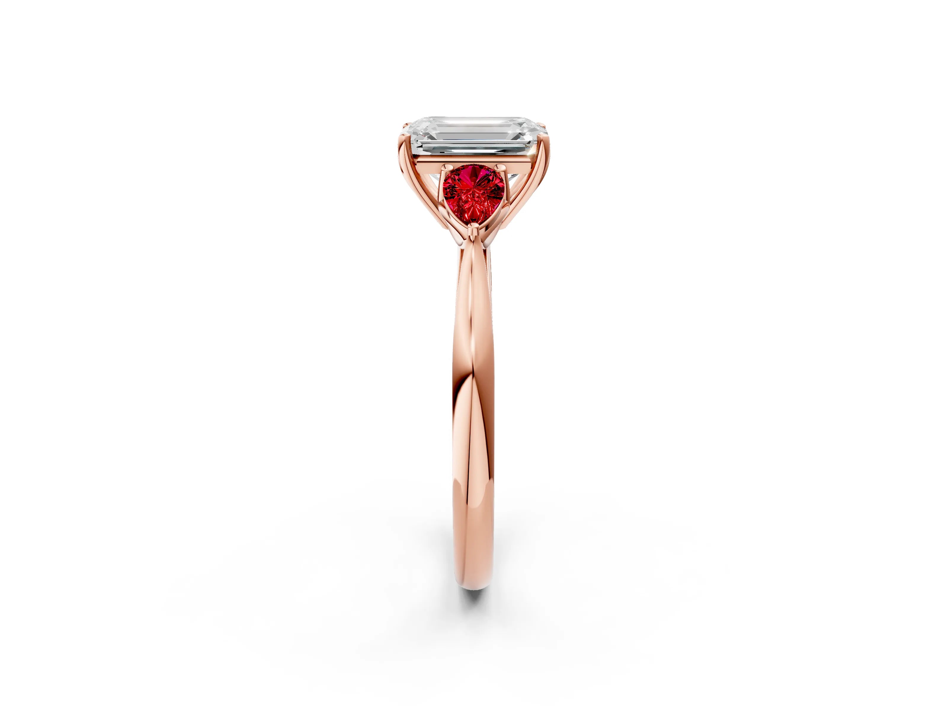 Rose gold Emerald Cut Diamond Three-Stone Ring with Pear with Ruby side stone Side Stones and Prong Setting_2