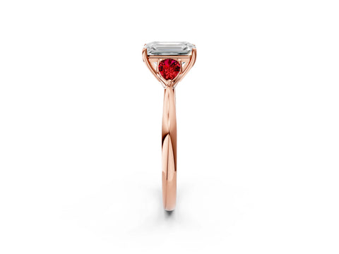 Rose gold Emerald Cut Diamond Three-Stone Ring with Pear with Ruby side stone Side Stones and Prong Setting_2