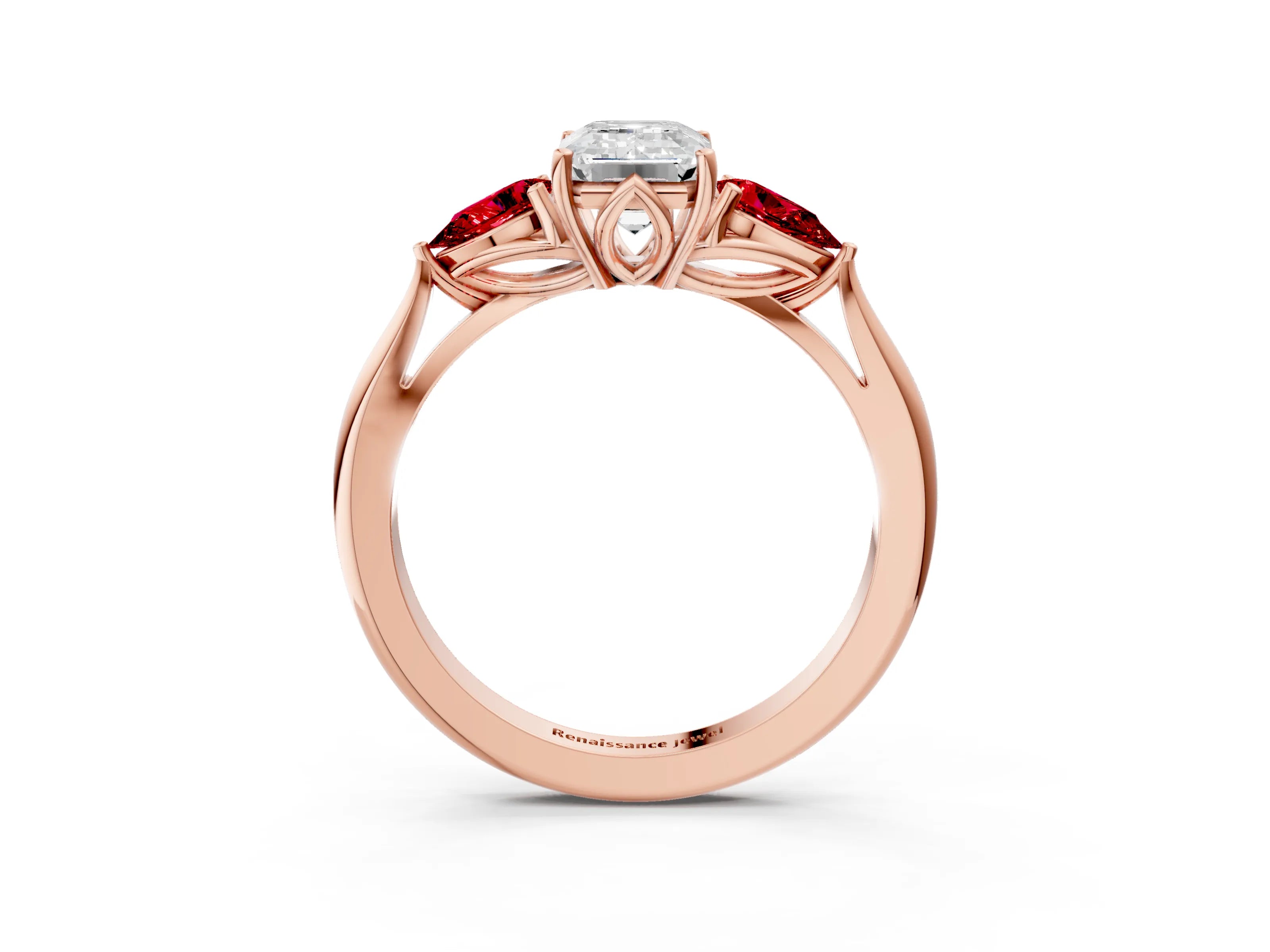 Rose gold Emerald Cut Diamond Three-Stone Ring with Pear with Ruby side stone Side Stones and Prong Setting_3