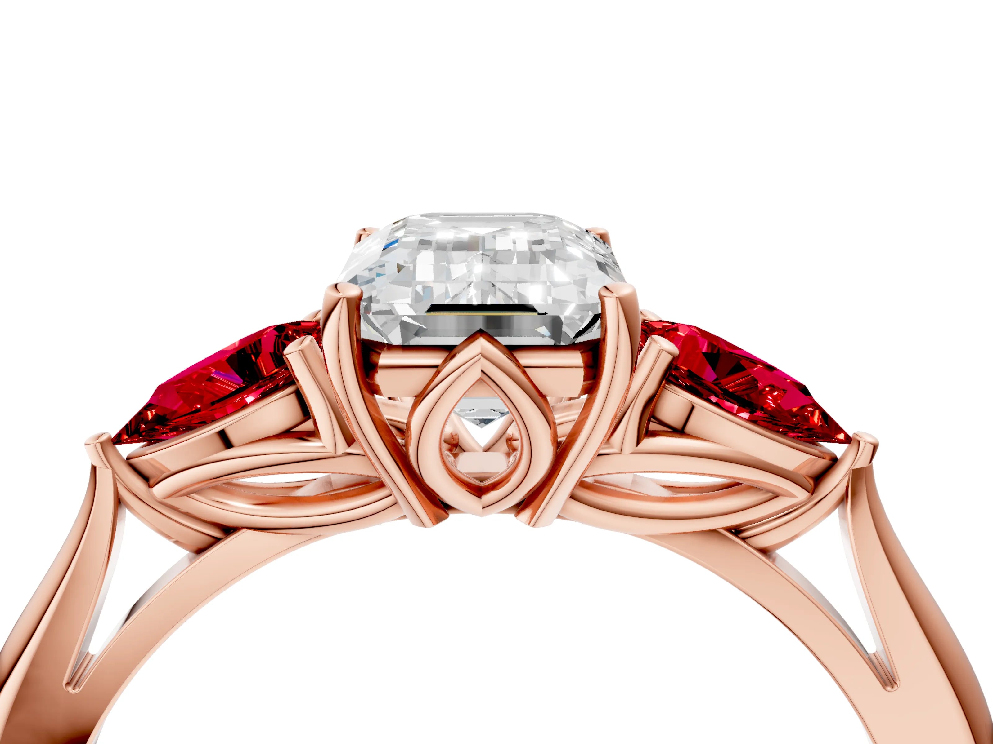 Rose gold Emerald Cut Diamond Three-Stone Ring with Pear with Ruby side stone Side Stones and Prong Setting_4