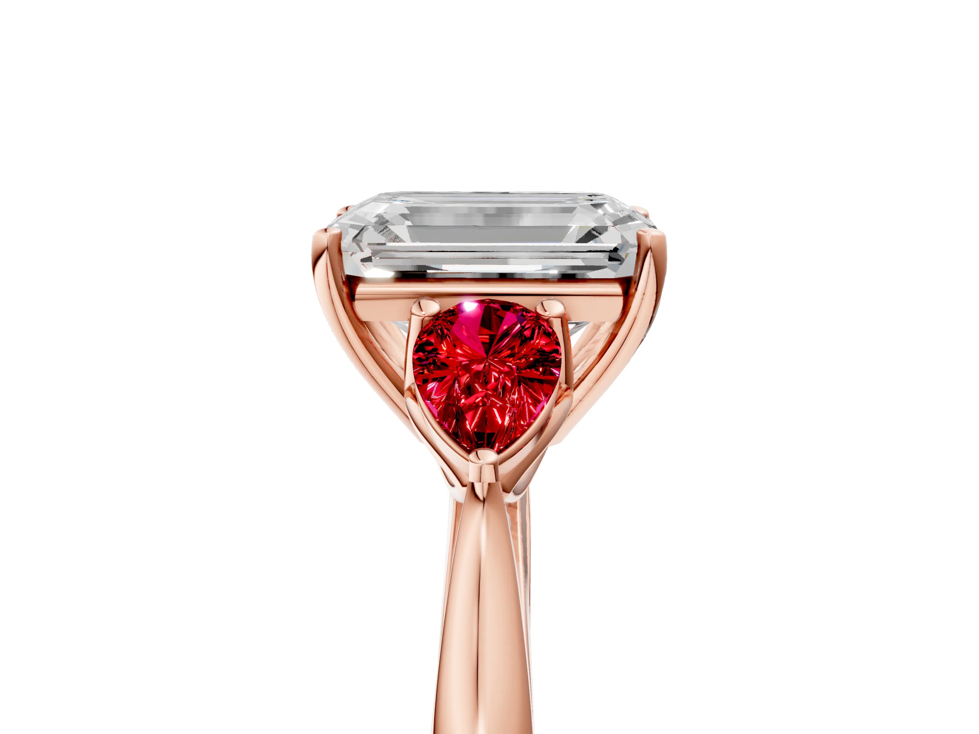 Rose gold Emerald Cut Diamond Three-Stone Ring with Pear with Ruby side stone Side Stones and Prong Setting_5