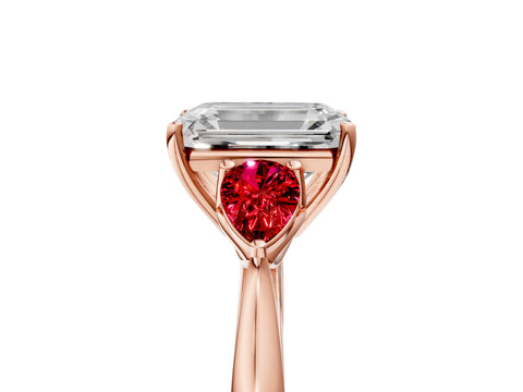 Rose gold Emerald Cut Diamond Three-Stone Ring with Pear with Ruby side stone Side Stones and Prong Setting_5
