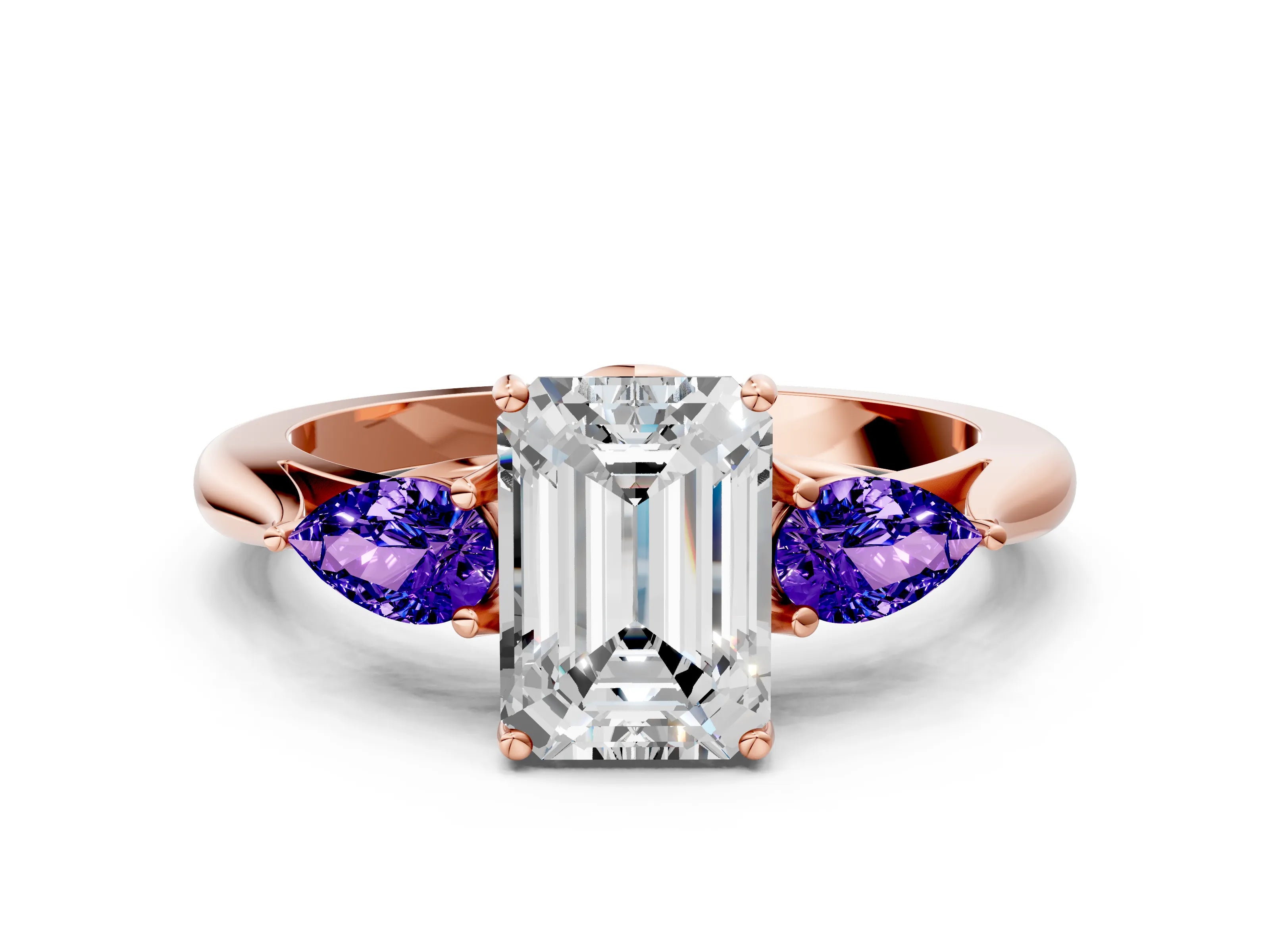 Rose gold Emerald Cut Diamond Three-Stone Ring with Pear with Tanzanite side stone Side Stones and Prong Setting