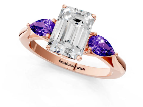 Rose gold Emerald Cut Diamond Three-Stone Ring with Pear with Tanzanite side stone Side Stones and Prong Setting_1