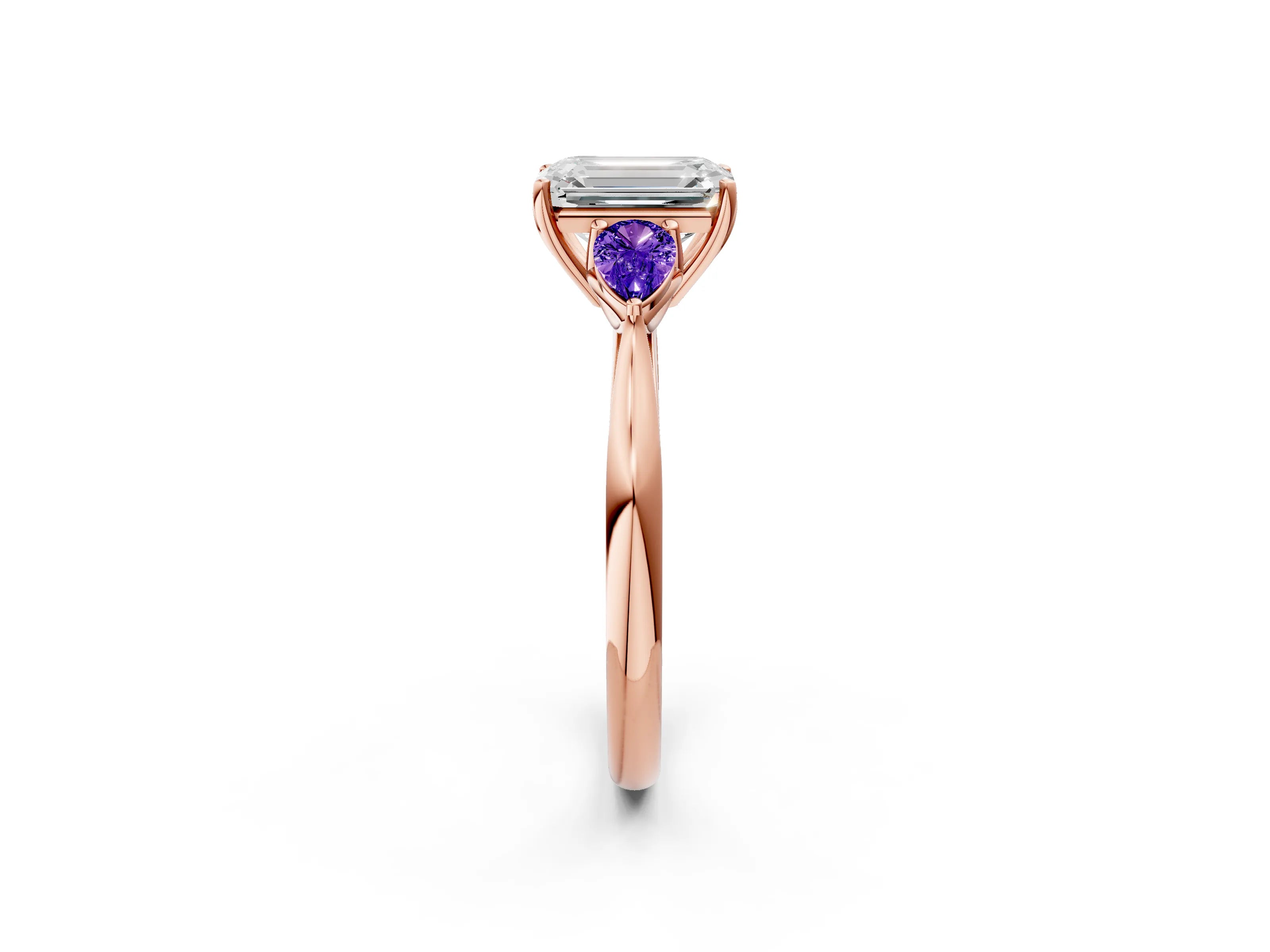 Rose gold Emerald Cut Diamond Three-Stone Ring with Pear with Tanzanite side stone Side Stones and Prong Setting_2