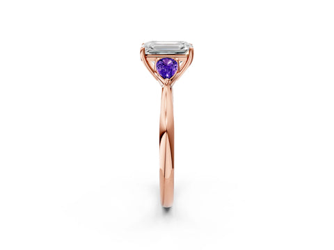 Rose gold Emerald Cut Diamond Three-Stone Ring with Pear with Tanzanite side stone Side Stones and Prong Setting_2