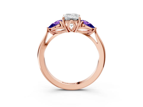 Rose gold Emerald Cut Diamond Three-Stone Ring with Pear with Tanzanite side stone Side Stones and Prong Setting_3
