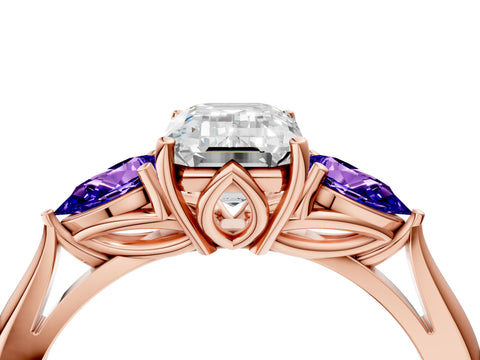 Rose gold Emerald Cut Diamond Three-Stone Ring with Pear with Tanzanite side stone Side Stones and Prong Setting_4