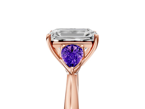 Rose gold Emerald Cut Diamond Three-Stone Ring with Pear with Tanzanite side stone Side Stones and Prong Setting_5