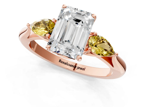 Rose gold Emerald Cut Diamond Three-Stone Ring with Pear with Yellow Sapphire side stone Side Stones and Prong Setting_1