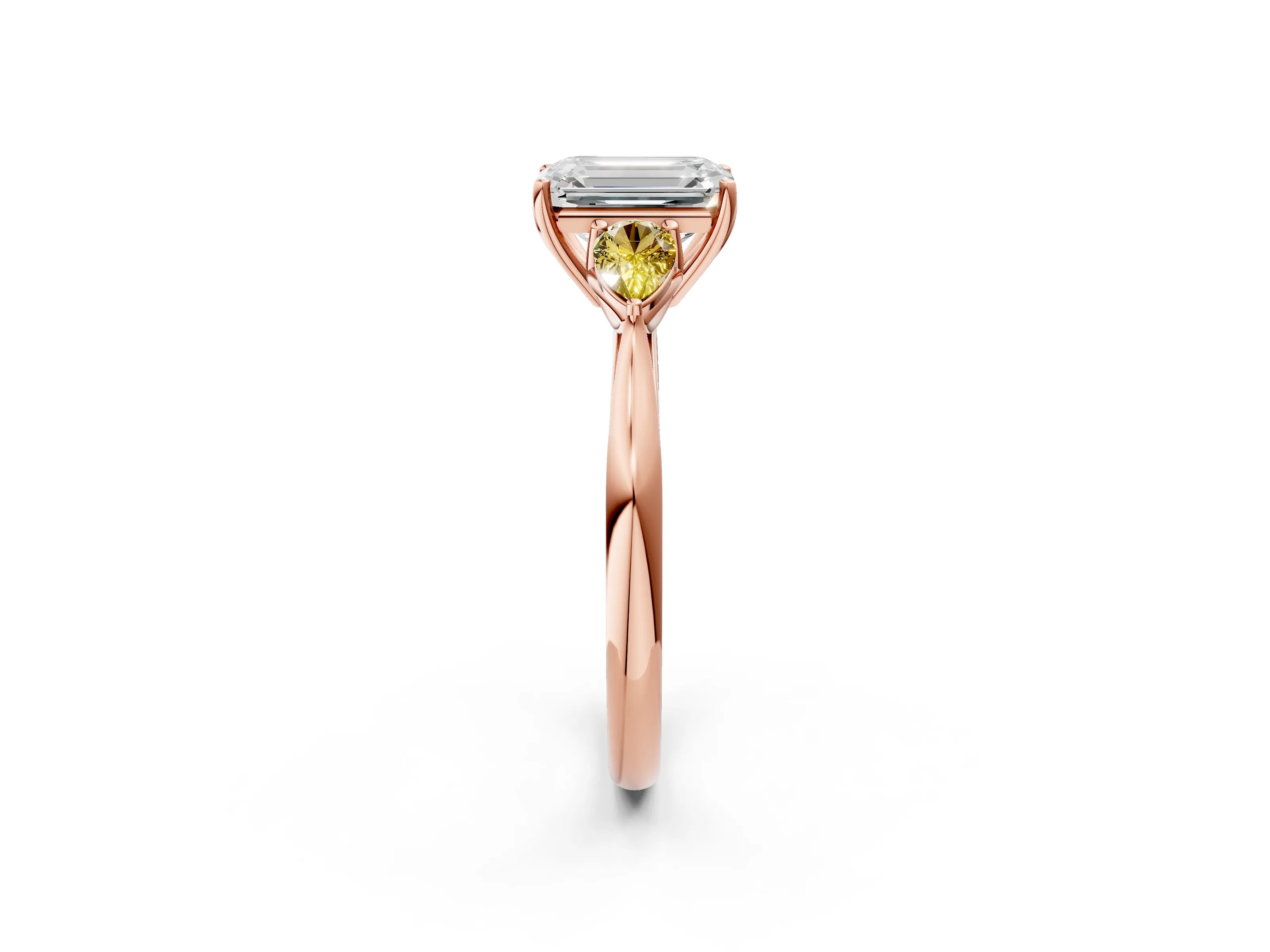 Rose gold Emerald Cut Diamond Three-Stone Ring with Pear with Yellow Sapphire side stone Side Stones and Prong Setting_2