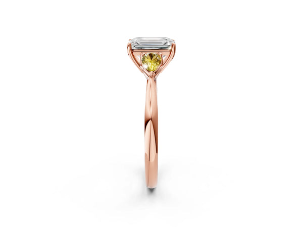 Rose gold Emerald Cut Diamond Three-Stone Ring with Pear Yellow Sapphire Side Stones and Prong Setting
