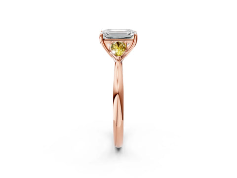 Rose gold Emerald Cut Diamond Three-Stone Ring with Pear with Yellow Sapphire side stone Side Stones and Prong Setting_2