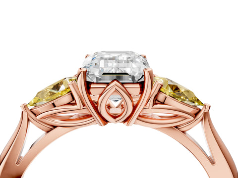 Rose gold Emerald Cut Diamond Three-Stone Ring with Pear with Yellow Sapphire side stone Side Stones and Prong Setting_4