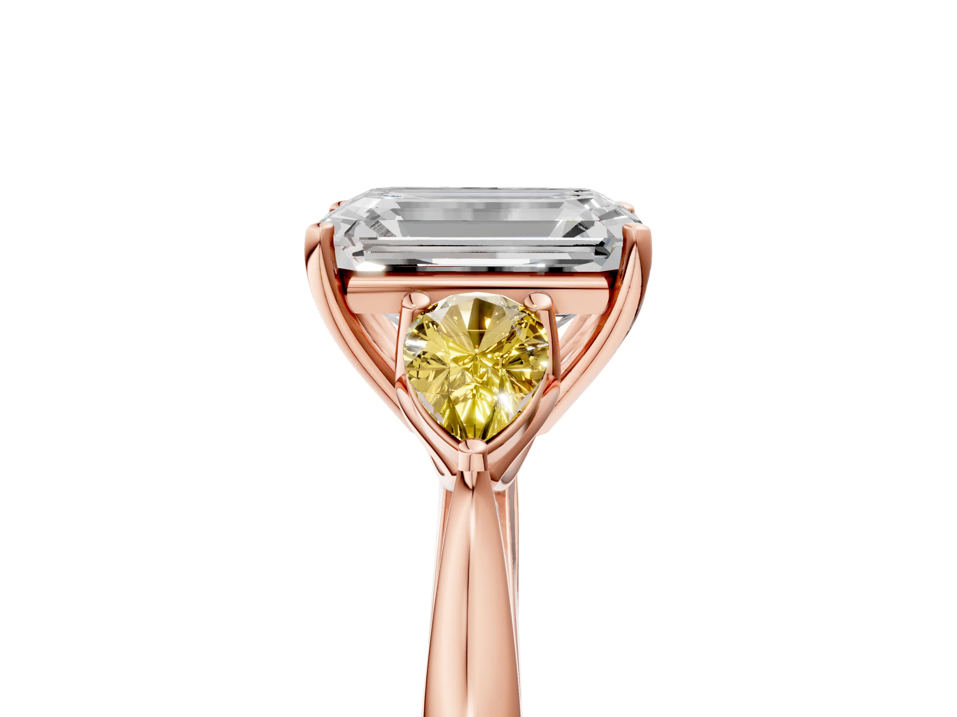 Rose gold Emerald Cut Diamond Three-Stone Ring with Pear with Yellow Sapphire side stone Side Stones and Prong Setting_5