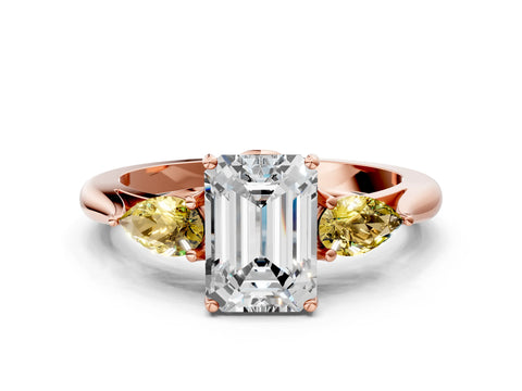 Rose gold Emerald Cut Diamond Three-Stone Ring with Pear with Yellow Sapphire side stone Side Stones and Prong Setting