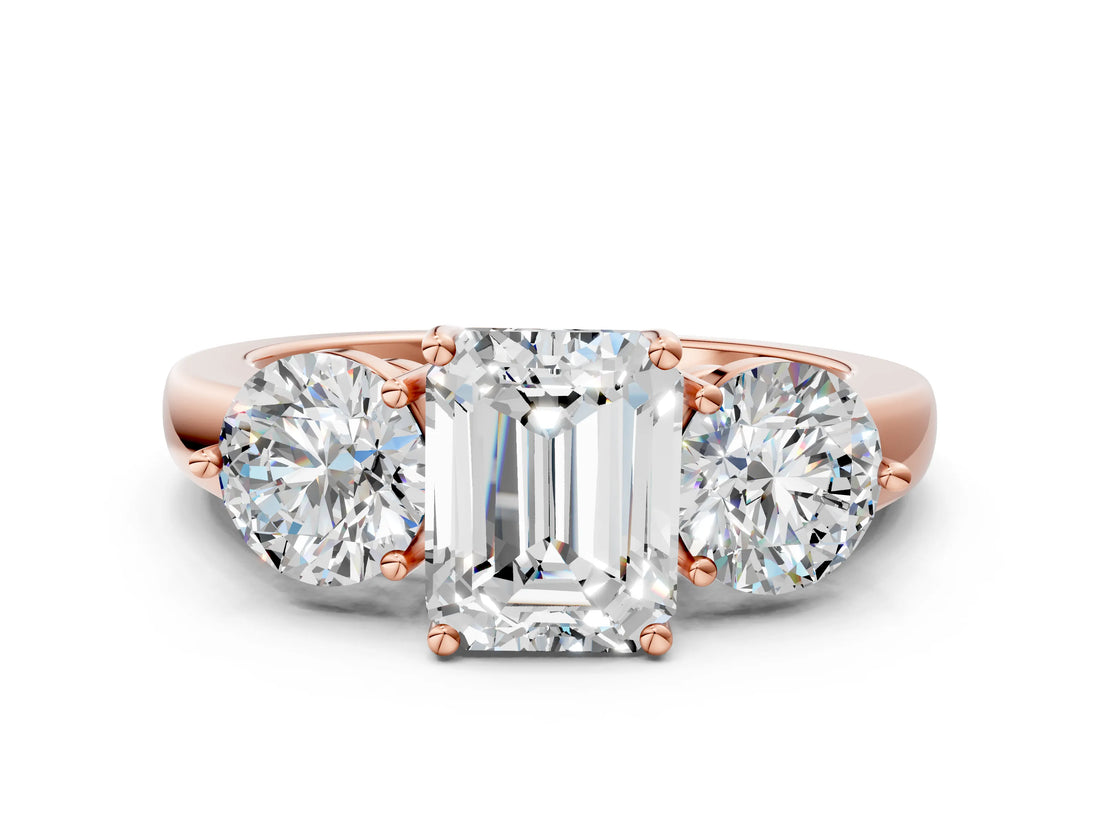 Rose gold Emerald Cut Diamond Three-Stone Ring with Prong Setting and Classic Band_75