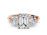 Rose gold Emerald Cut Diamond Three-Stone Ring with Prong Setting and Pavé Band_3