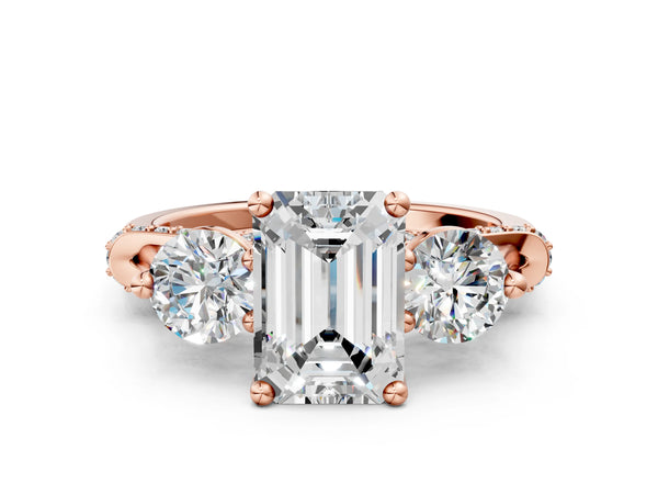 Rose gold Emerald Cut Diamond Three-Stone Ring with Prong Setting and Pavé Band